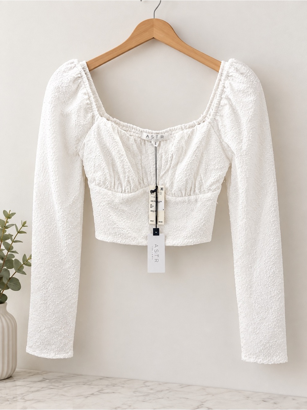 ASTR White Textured Square-Neck Long Sleeve Crop Top